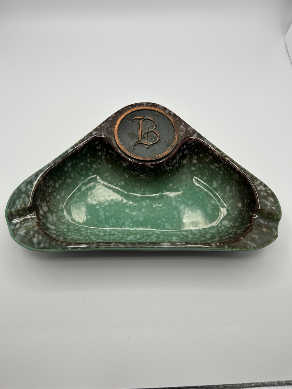 Vintage The Hyde Park Ashtray - Initial B Green Brown Speckle Mid-Century Style